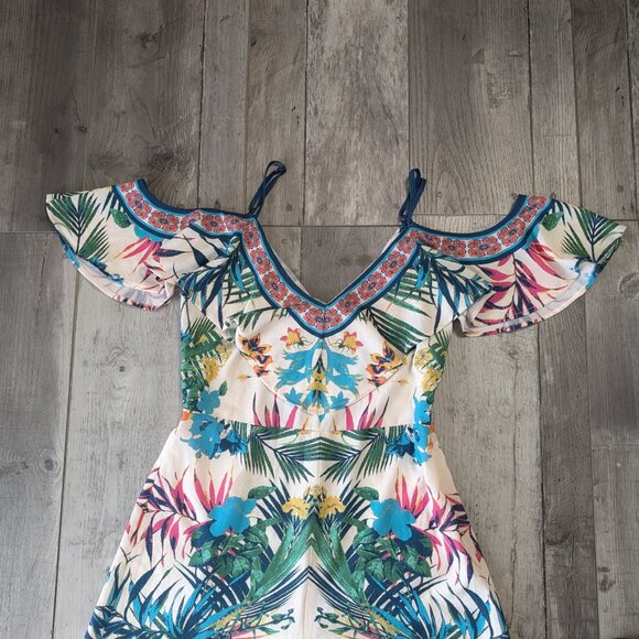 Flying Tomato, Strappy Cold Shoulder Ruffle Pants Romper, Tropical Print, Sz S - Picture 2 of 9